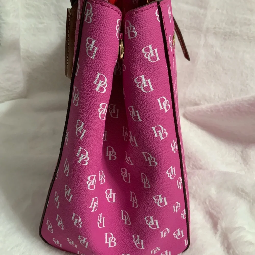Dooney & Bourke Pink Logo Satchel with Brown Handles